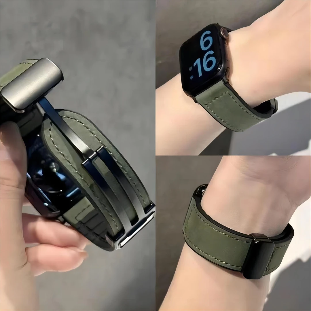 适用苹果S9军绿色手表带applewatchS8疯马纹Ultra磁吸通用S7/se扣