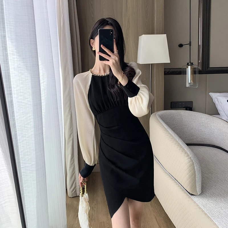 黑色连衣裙女2025春季新款超好看气质显瘦通勤长袖裙子6585