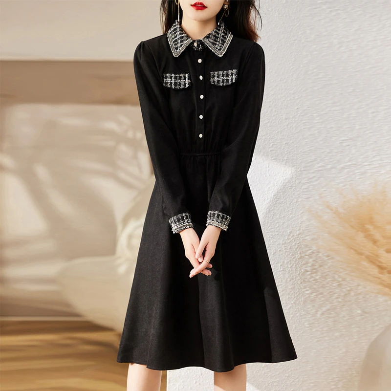 气质小香风2025年新款女装连衣裙拼接百搭收腰显瘦长袖黑色女7526