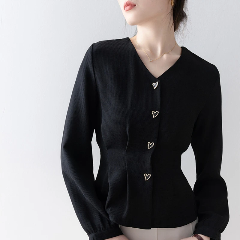 宝藏衣橱新款衬衫女长袖V领收腰时尚气质上衣7345