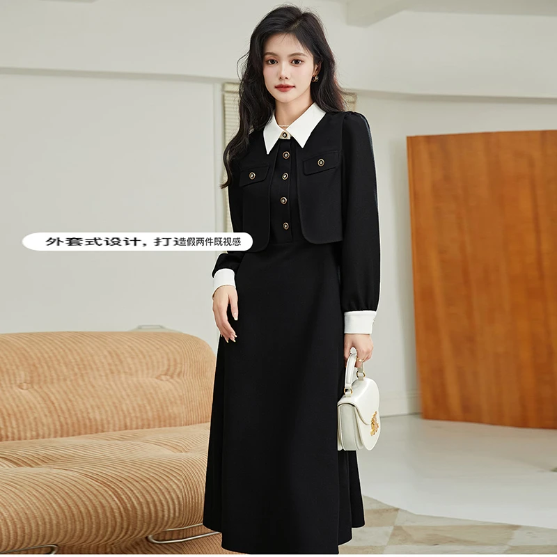 法式复古女装连衣裙新款漂亮时尚假两件气质拼接遮肚子小黑裙7745