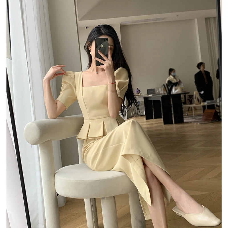 黑色连衣裙女2025夏季新款方领气质赫本风假两件通勤长裙9616