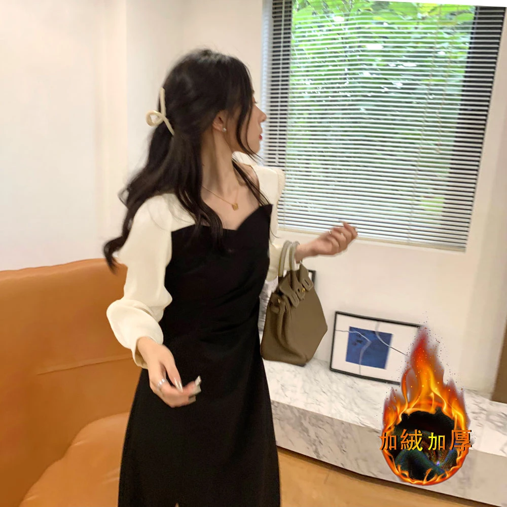 加绒法式气质秋冬长袖女装连衣裙黑色时尚女赫本风开叉小黑裙8850