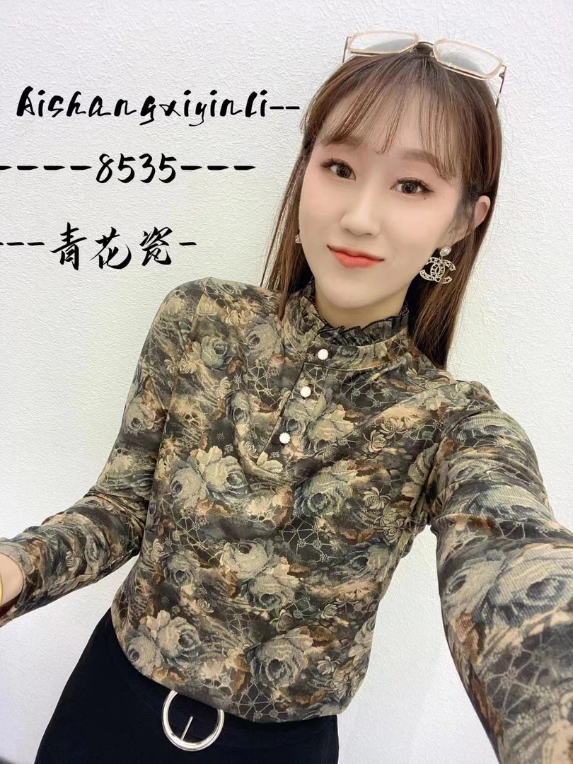 【8535】2023年秋冬新款长袖女衬衫内搭花色加绒加厚木耳边女款衬衫