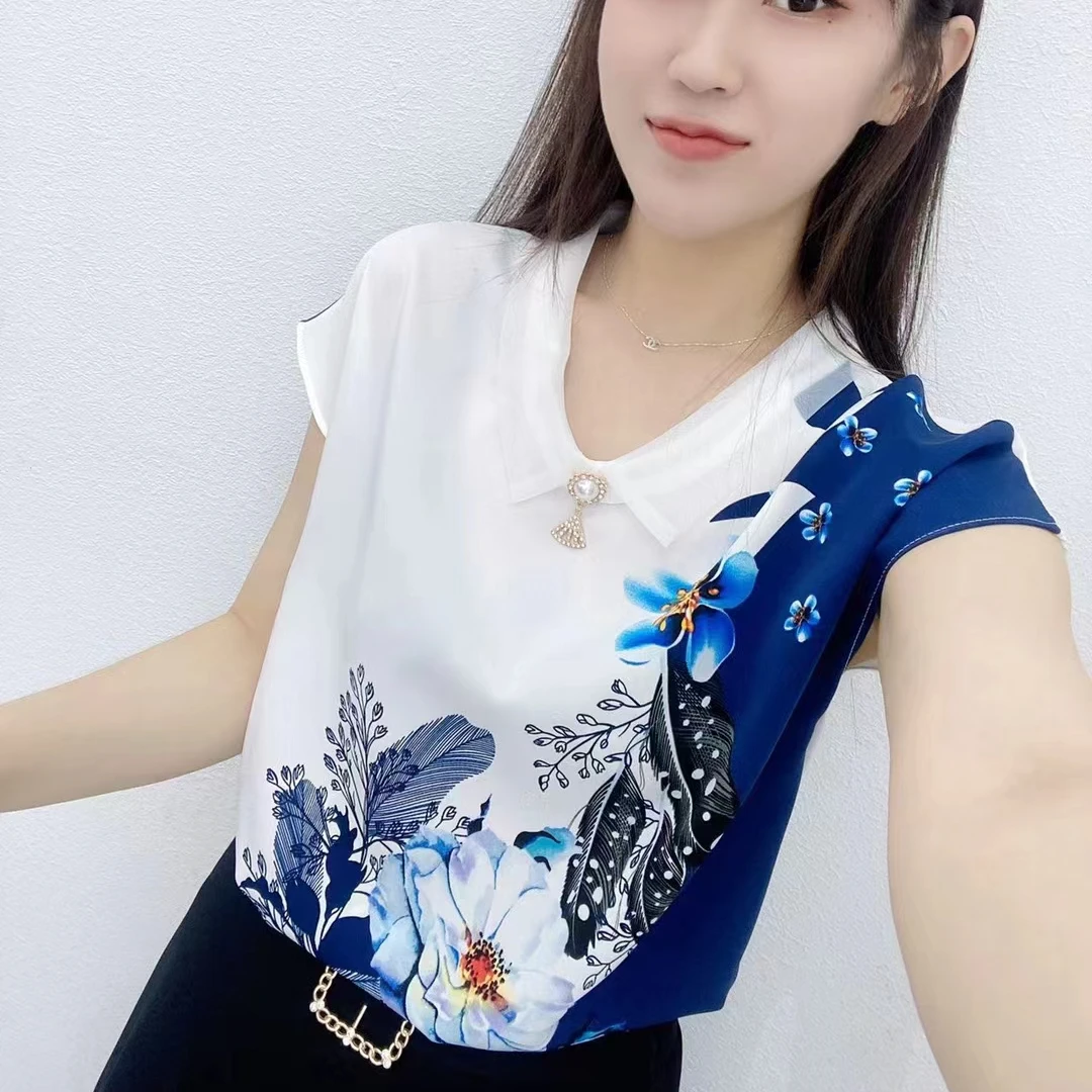 夏季新款女士T恤百搭欧根纱领印花气质宽松遮肚减龄短袖小衫上衣