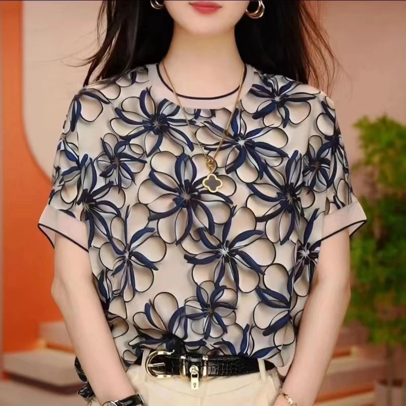 夏季新款落肩T恤百搭圆领洋气立体印花气质宽松遮肉短袖小衫上衣