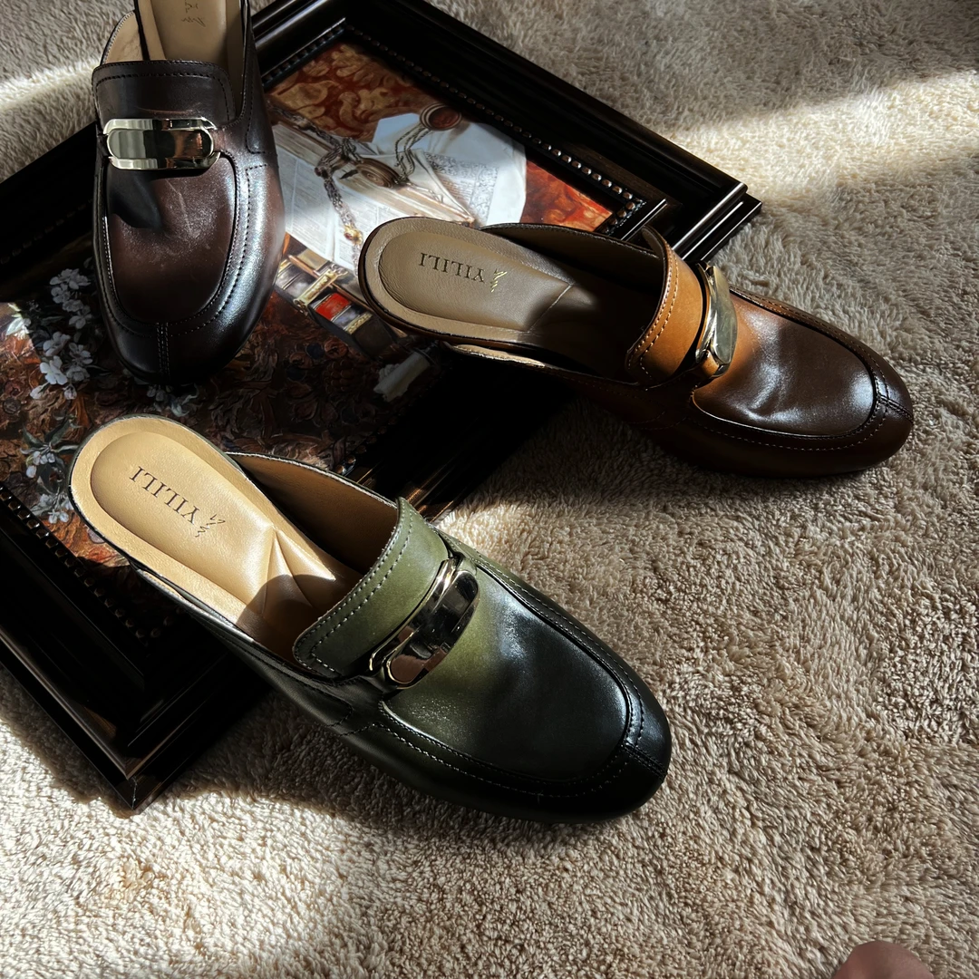 Y012 水洗马皮 跟高5CM 夏季新款细跟时尚休闲复古百搭包头半拖鞋