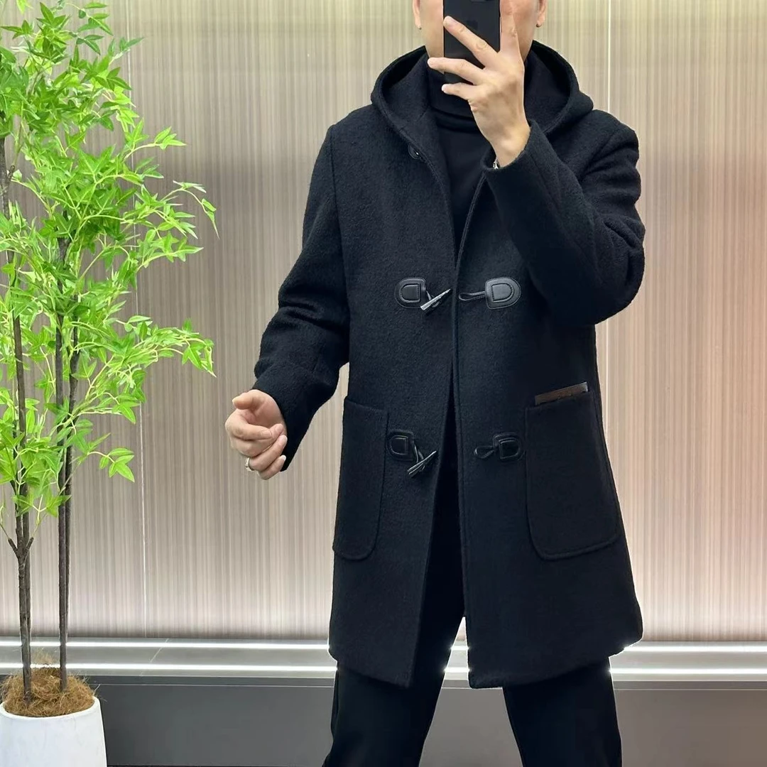 68085定制款秋冬新品男士欧货简约轻奢连帽款拼皮羊毛尼风衣外套