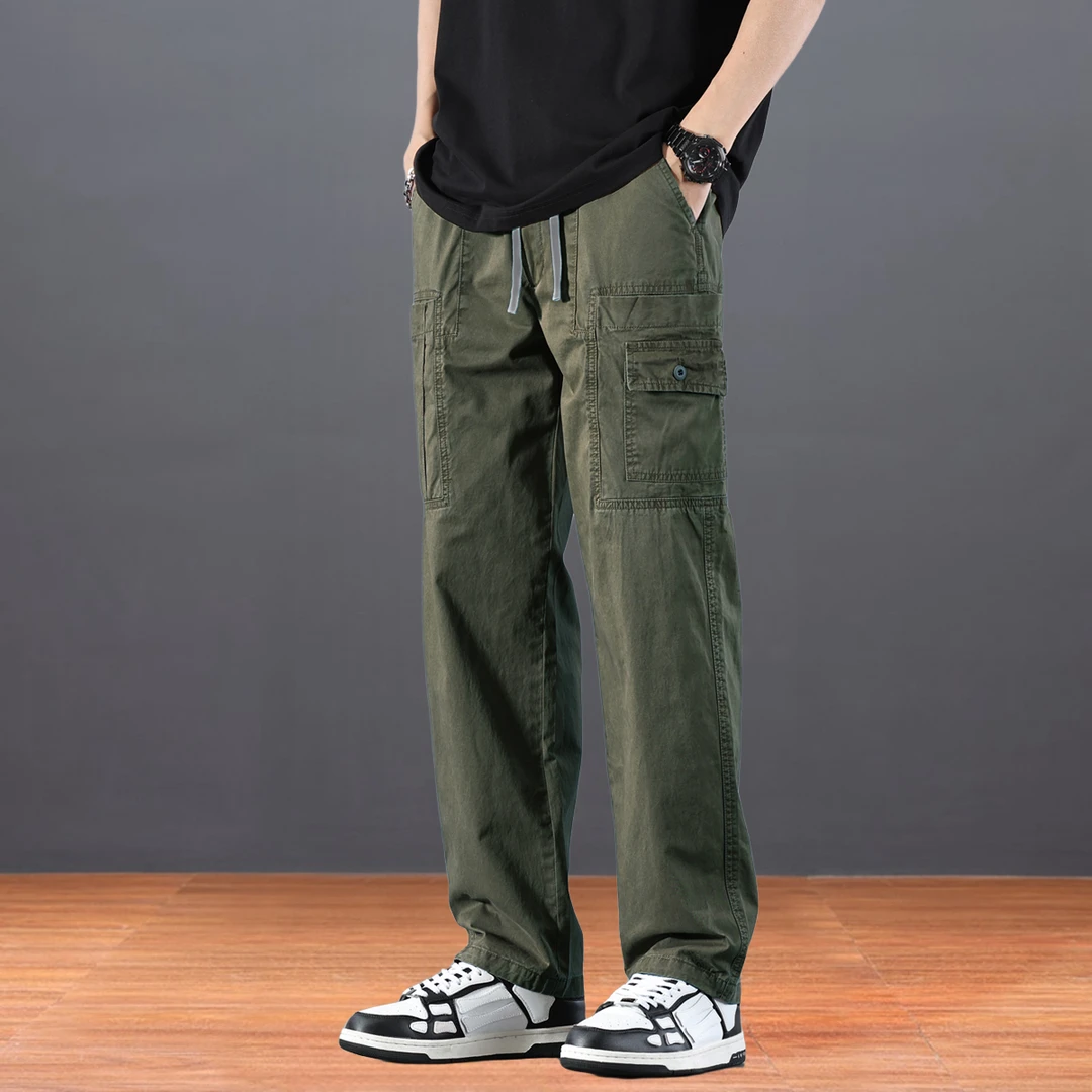 春秋季复古时尚休闲裤子男士工装潮牌直筒裤宽松百搭拼接抽绳长裤