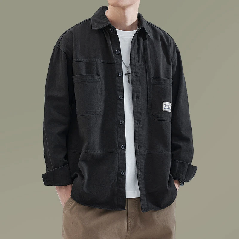 韩版潮牌工装衬衫春秋季宽松休闲外套复古纯棉帅气衬衣百搭男上衣
