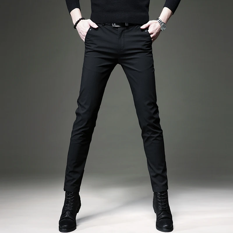 高端时尚中腰休闲裤男装修身透气直筒裤春秋季男纯色商务微弹西裤