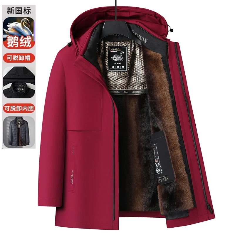 鹅绒中老年羽绒服男加绒防寒保暖拆卸内胆本命年红色爸爸冬装外套