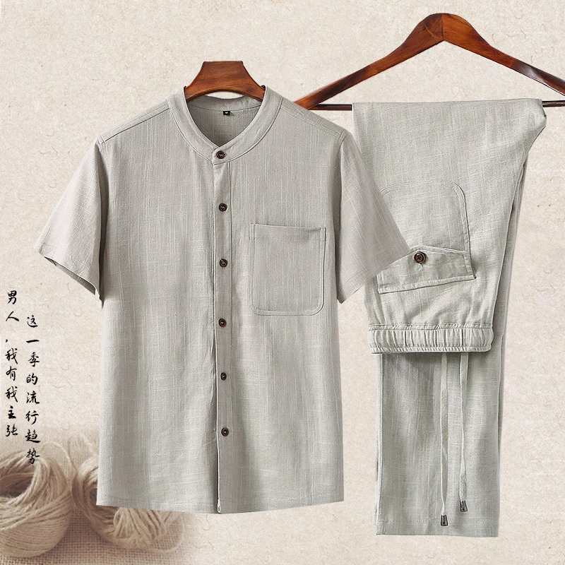 夏天中年爸爸亚麻套装男短袖衬衫长裤一套夏装中老年爷爷棉麻衣服