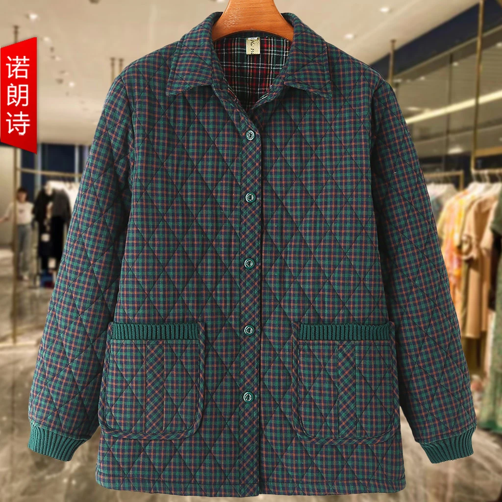 中老年妈妈装衬衫领格子棉衣2024秋冬新款休闲棉服外套加肥加大码
