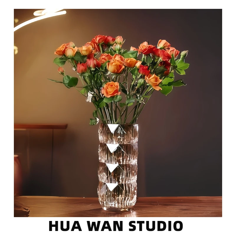 琥珀加厚水晶玻璃花瓶钻石格水养鲜切花玫瑰百合餐桌客厅摆件