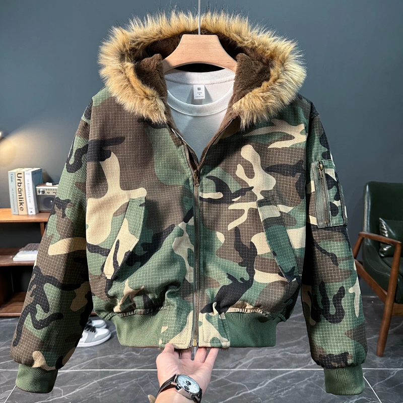 美式复古连帽双面穿棉衣男冬季座山雕加绒夹克迷彩棉服毛领外套潮