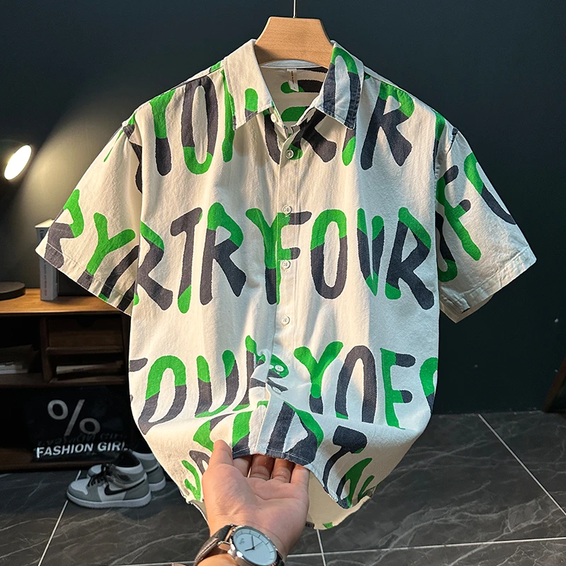 欧货纯棉短袖衬衫男士夏季字母印花清新潮牌时尚宽松休闲衬衣男装