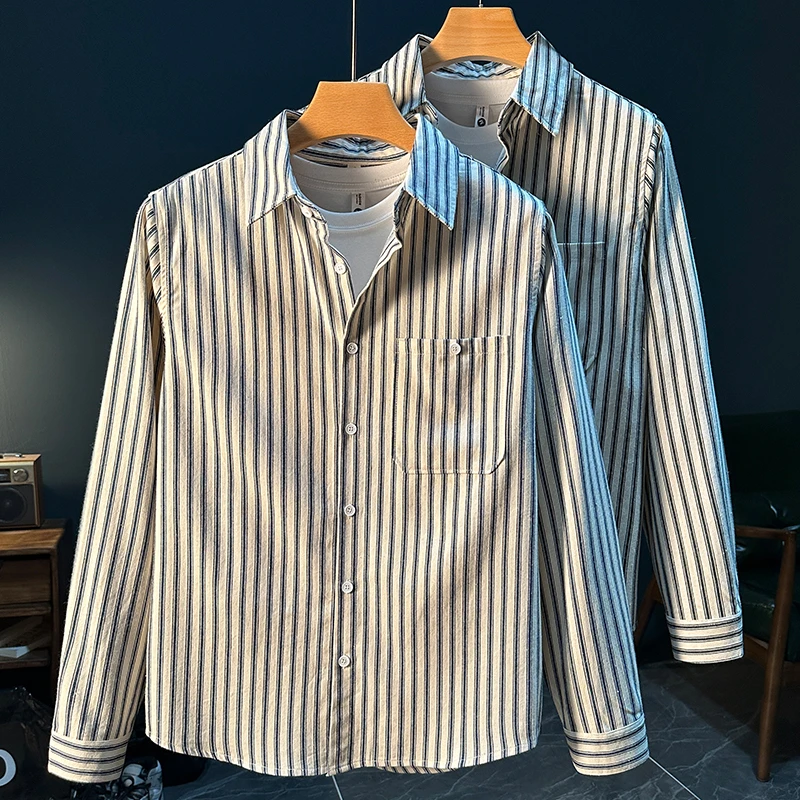 轻奢潮牌男士日系复古纯棉长袖衬衫青年宽松条纹休闲男装百搭衬衣