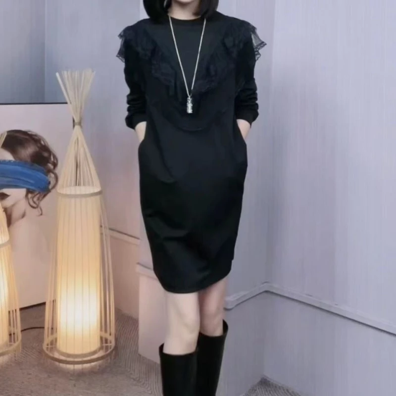 蕾丝花边宽松连衣裙F0022显高洋气收腰显高轻奢