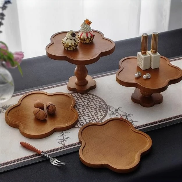 法式复古花边木质盘高脚托盘客厅香薰蜡烛盘置物托盘高脚盘摆件