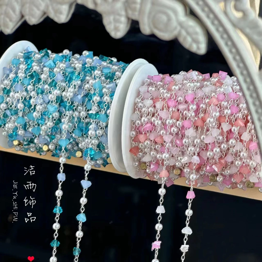 (洁雨饰品DIY) L00122  渐变粉蓝6mm三角水晶加珍珠 diy链条