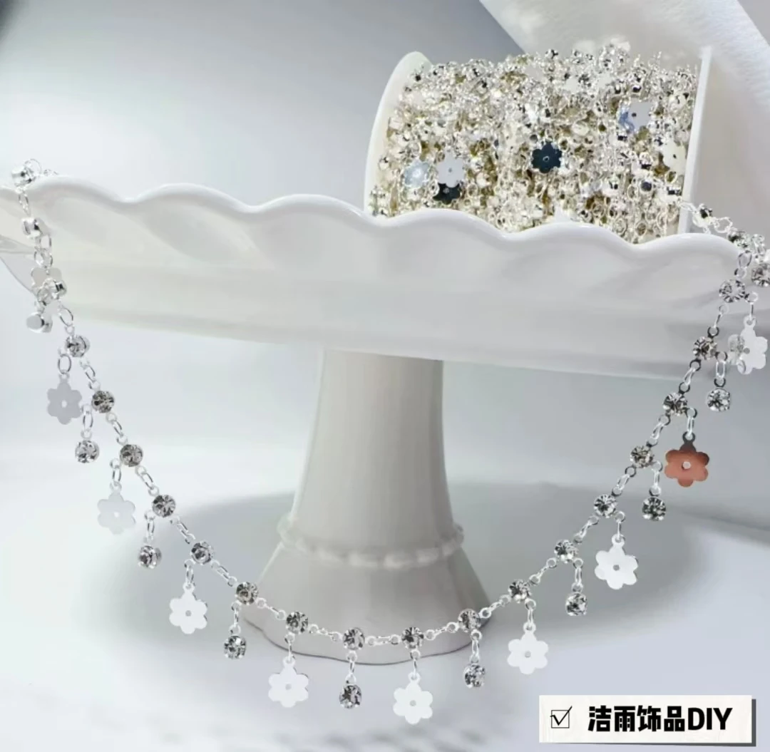 (洁雨饰品DIY) L00292 三爪钻吊花朵钻链 高保色手工铜链DIY