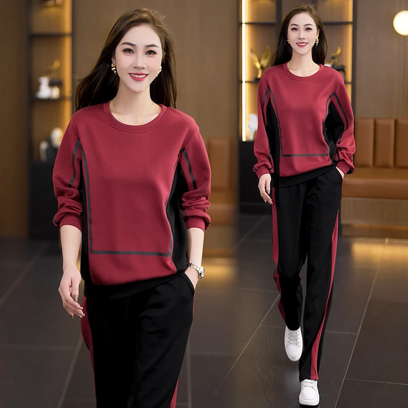 休闲运动套装2024秋季新款时尚减龄显瘦撞色圆领卫衣阔腿裤两件套