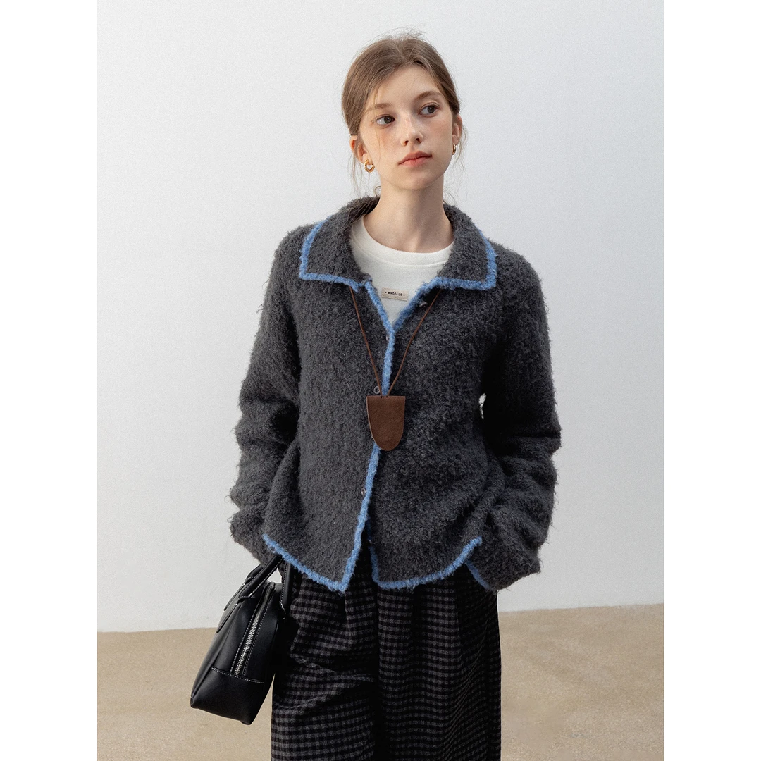 EGGKA “圈圈毛衣”撞色翻领圈圈毛衣秋冬毛衣宽松上衣E24A4177AF