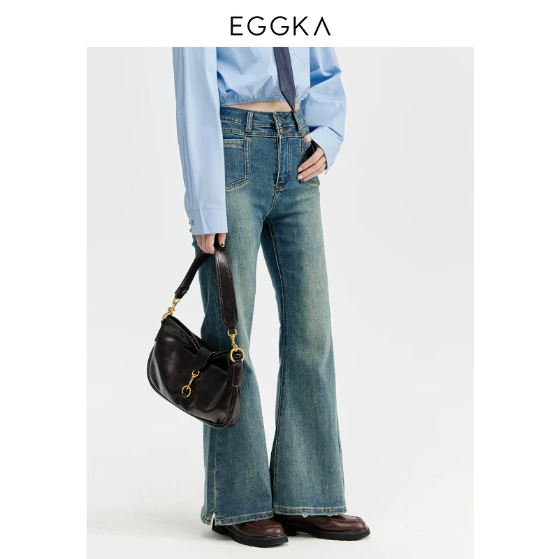 微喇辣妹~秋冬长裤双扣高腰微喇叭牛仔裤E23B1114AF