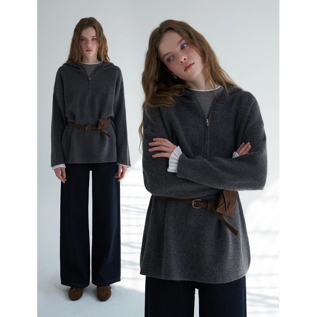 EGGKA “慵懒感”连帽半拉链套头毛衣宽松针织上衣E24A4274AF