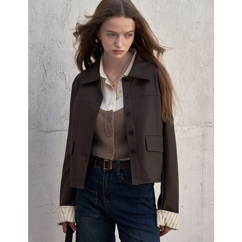 【一杯美式】秋冬皮衣外套袖口撞色上衣E23C8008AG