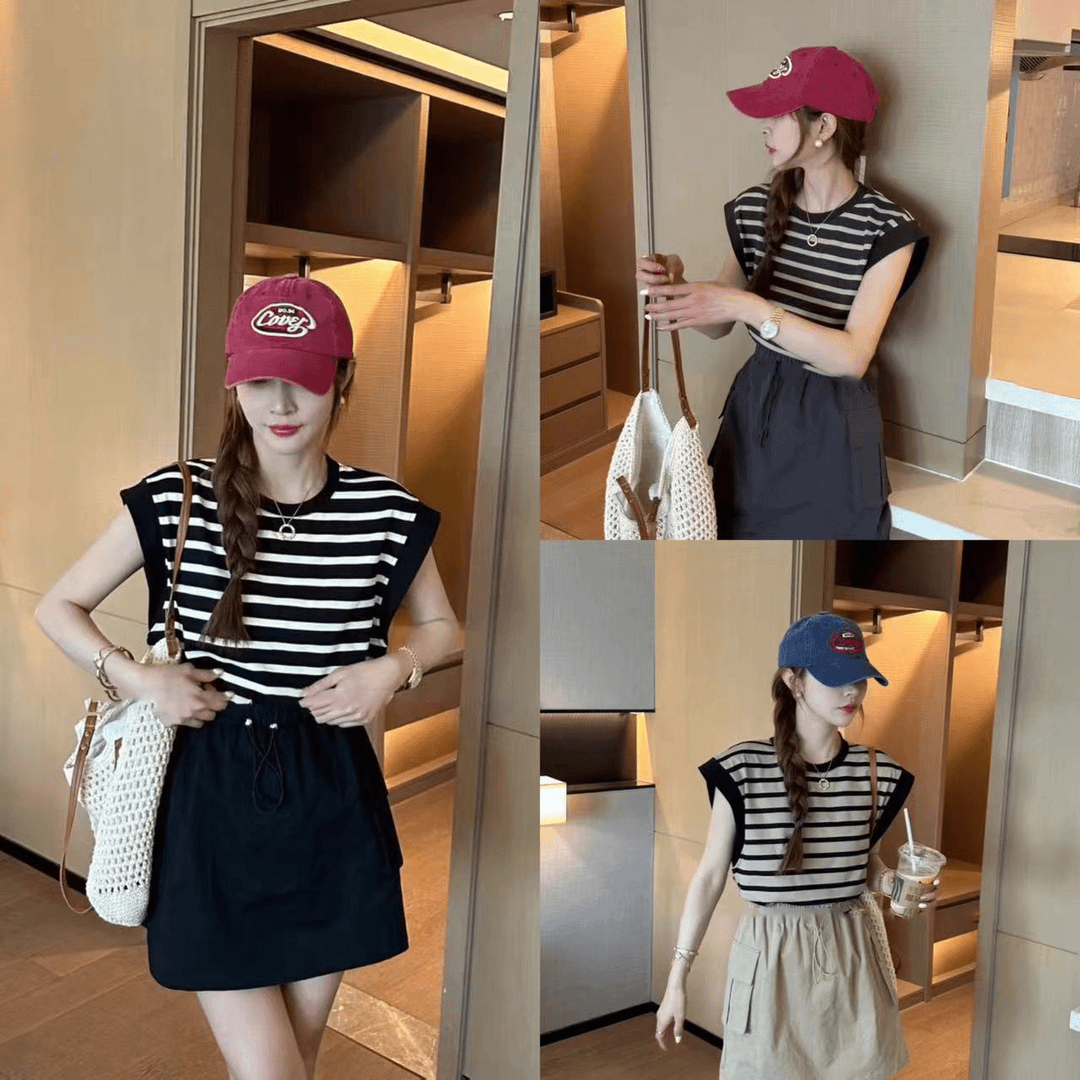 阿婷家8835【两件套】韩版减龄落肩背心工装防走光短裙条纹时尚套装