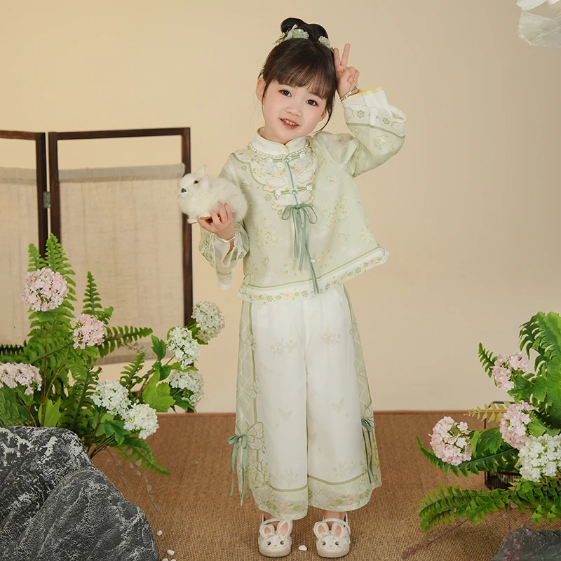 古月家.果绿 汉服女童春秋款儿童新中式裤子套装小女孩中国风唐装