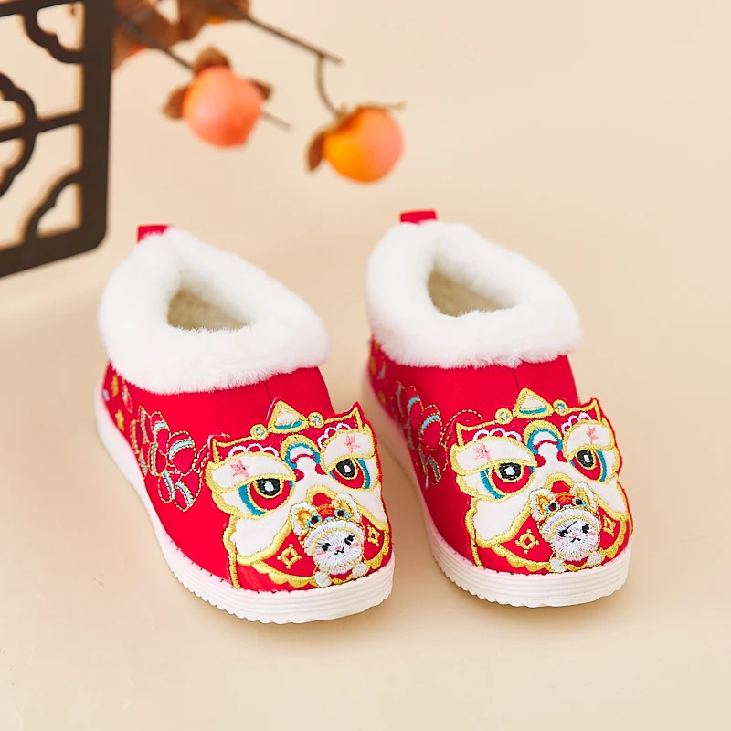古月家.虎头鞋 男女童汉服鞋儿童加绒绣花鞋保暖古风新年红色棉鞋