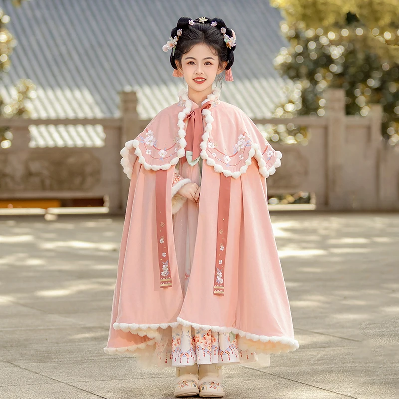 古月家汉服女童冬季加绒保暖大斗篷儿童中国风红色喜庆中长款披风