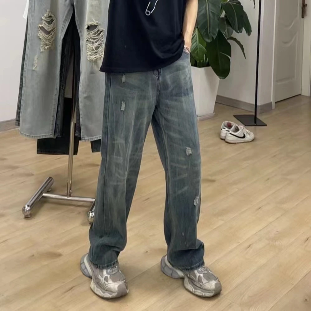 夏季新款美式街头百搭复古休闲做旧破洞水洗直筒宽松牛仔裤