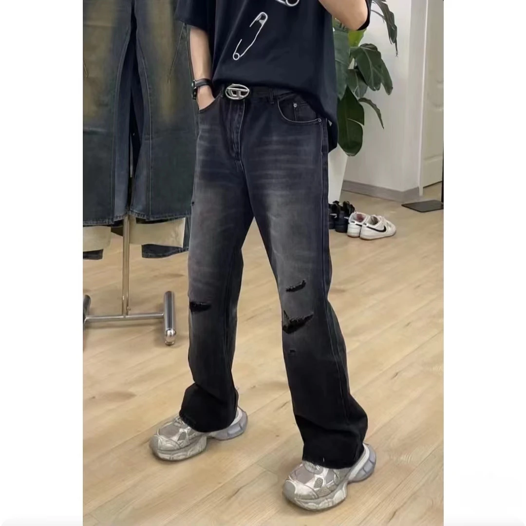 破洞牛仔裤男夏季薄款美式高街设计感小众做旧水洗宽松直筒长裤子