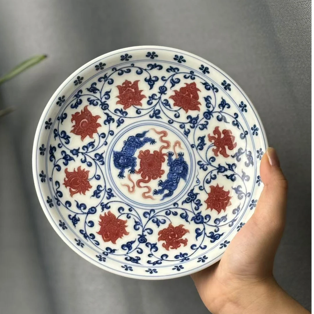 【勤义堂】青花釉里红双狮缠枝莲壶承茶盘