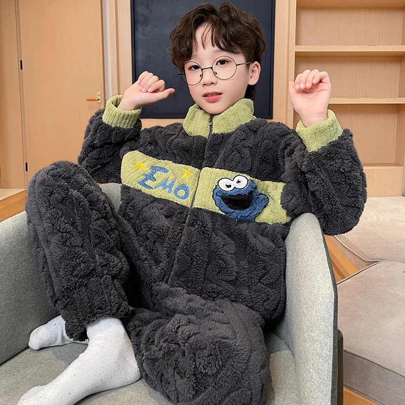 bejirog/北极绒加厚款秋冬季新品男童珊瑚绒洋气睡衣撞色家居服