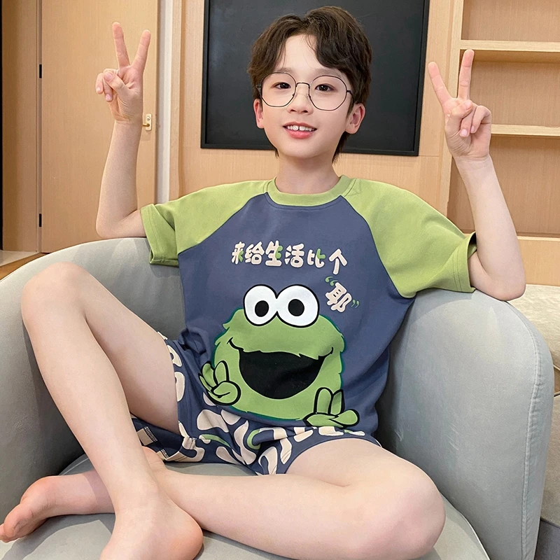bejirog/北极绒夏天薄款小男孩短袖纯棉睡衣中大童空调家居服套装