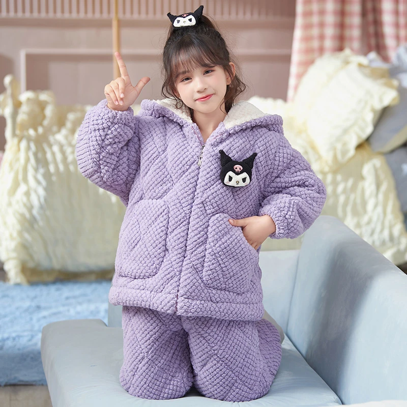潮流时尚卡通风三层夹棉保暖睡衣冬款家居服卡通连帽珊瑚绒女童