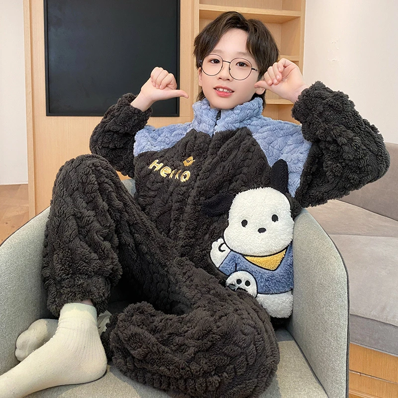 bejirog/北极绒儿童珊瑚绒睡衣长袖长裤加厚款男童舒适居家两件套