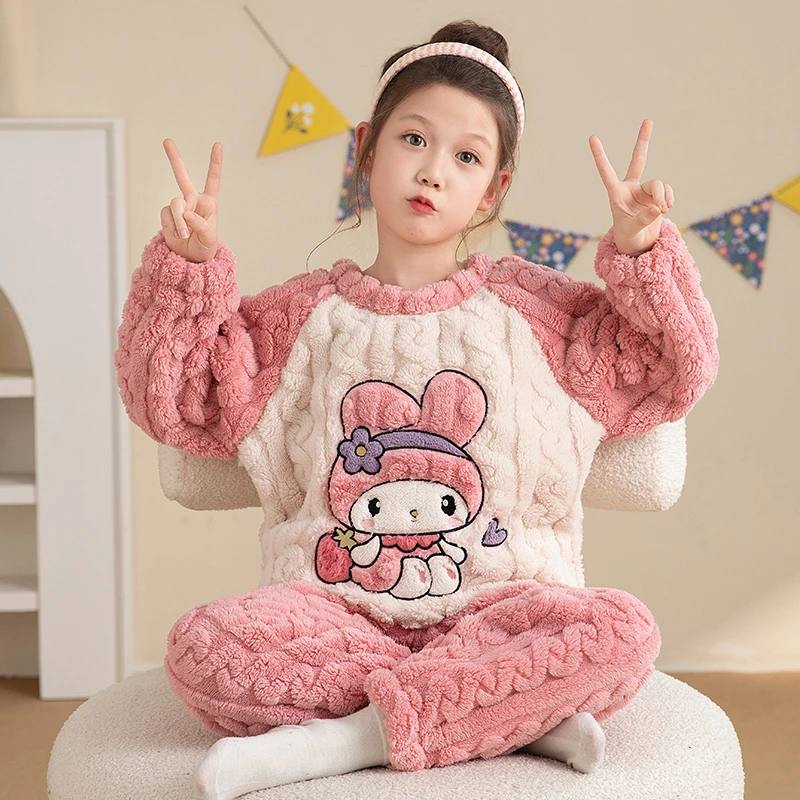 bejirog/北极绒中小童2025秋冬季加厚款珊瑚绒女童公主风睡衣套装
