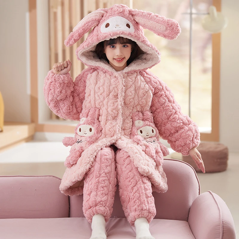 bejirog/北极绒2025新款三层夹棉保暖睡袍女童甜美冬季加厚珊瑚绒