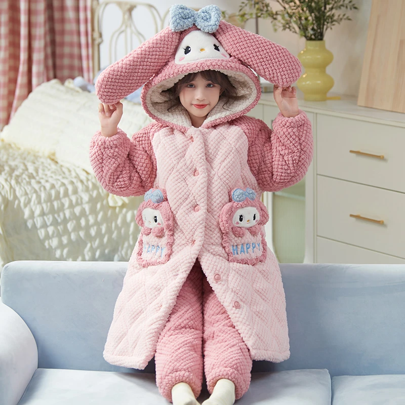 bejirog/北极绒中学生冬季三层夹棉睡袍珊瑚绒女童时尚睡衣套装