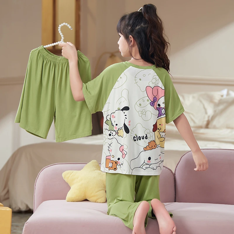 bejirog/北极绒时尚外穿中大童短袖莫代尔睡衣女童夏季薄款三件套