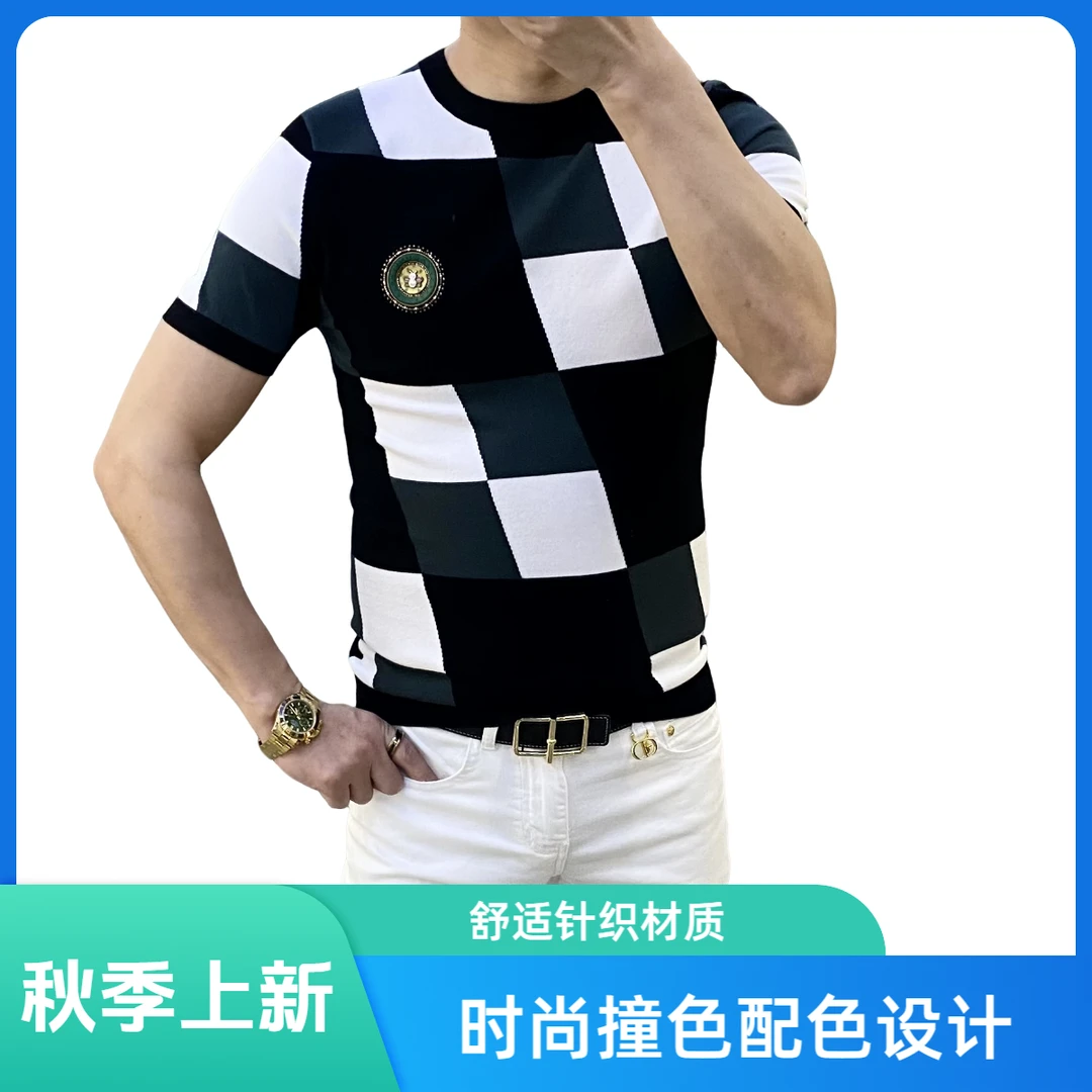 2025秋季新款男士休闲时尚百搭针织圆领潮流修身个性弹力半袖2159