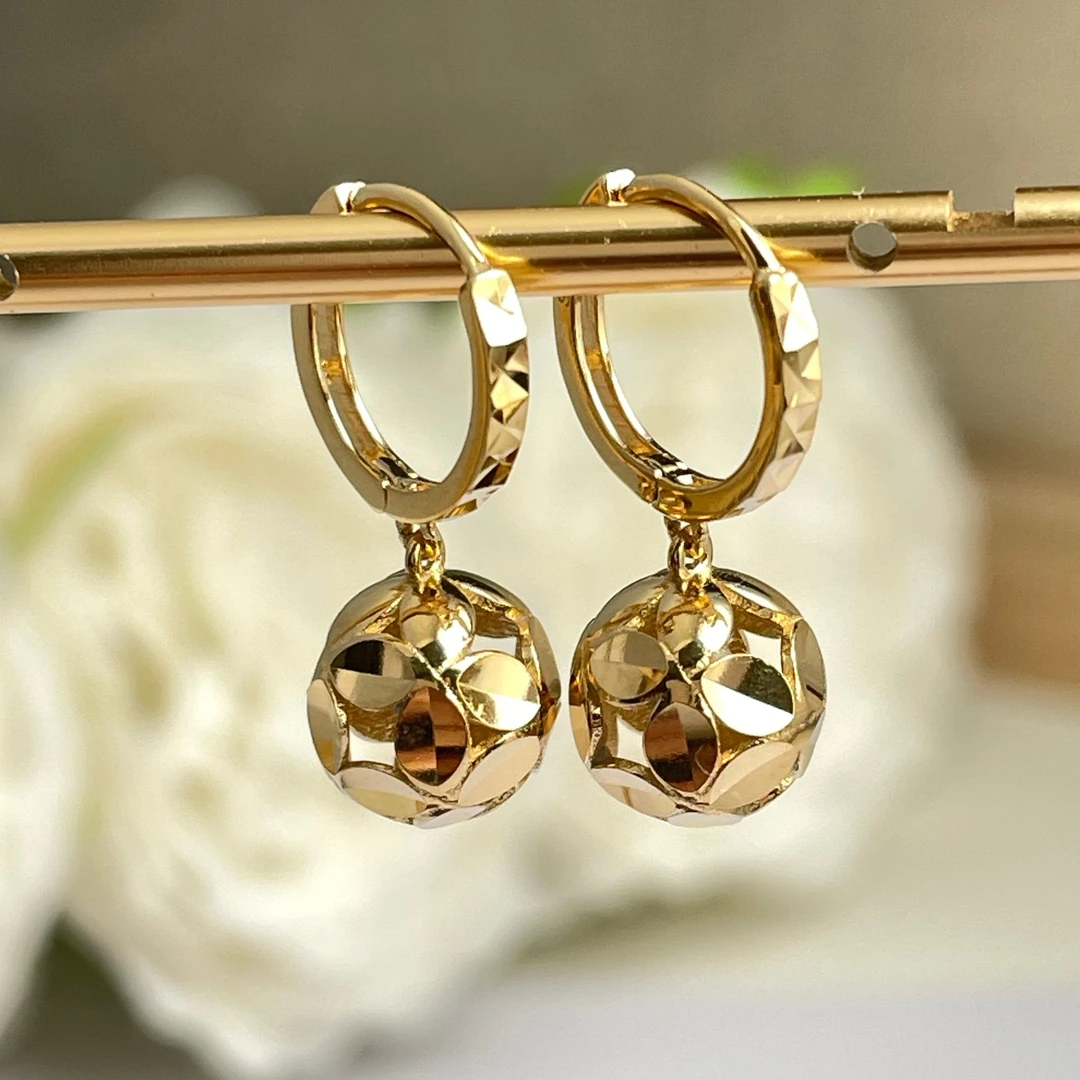 925银耳饰 通体电镀18K金车花圆珠耳坠百搭气质简约经典金色精致