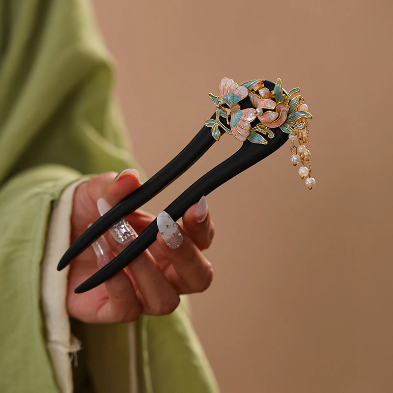 古风日常简约双钗手工百搭复古盘发簪子国风中式木发簪发古典烧蓝