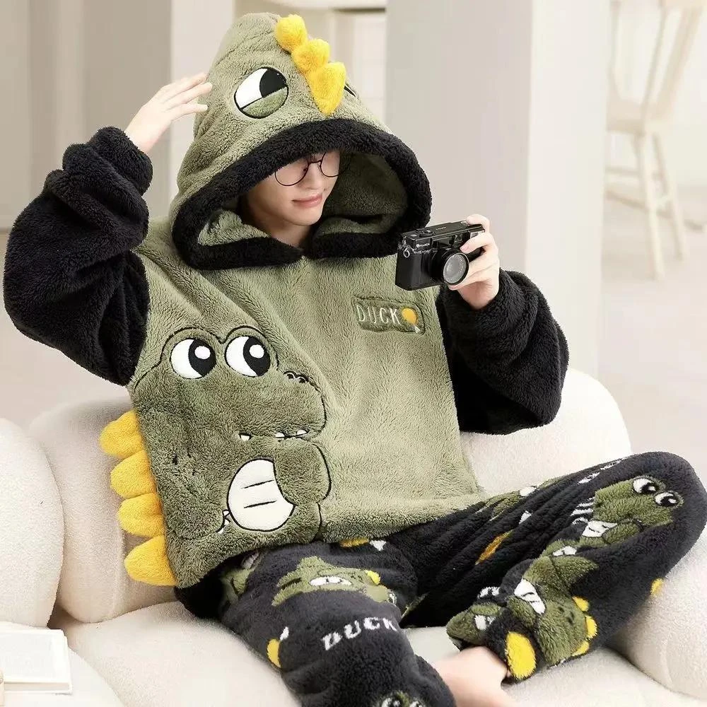 冬季男加厚绒珊瑚睡衣青少年大童学生卡通法兰绒加大码家居服套装